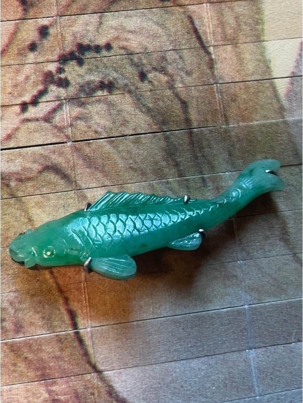 Vintage Japanese rare koi fish jade jadeite Green Brooch Silver